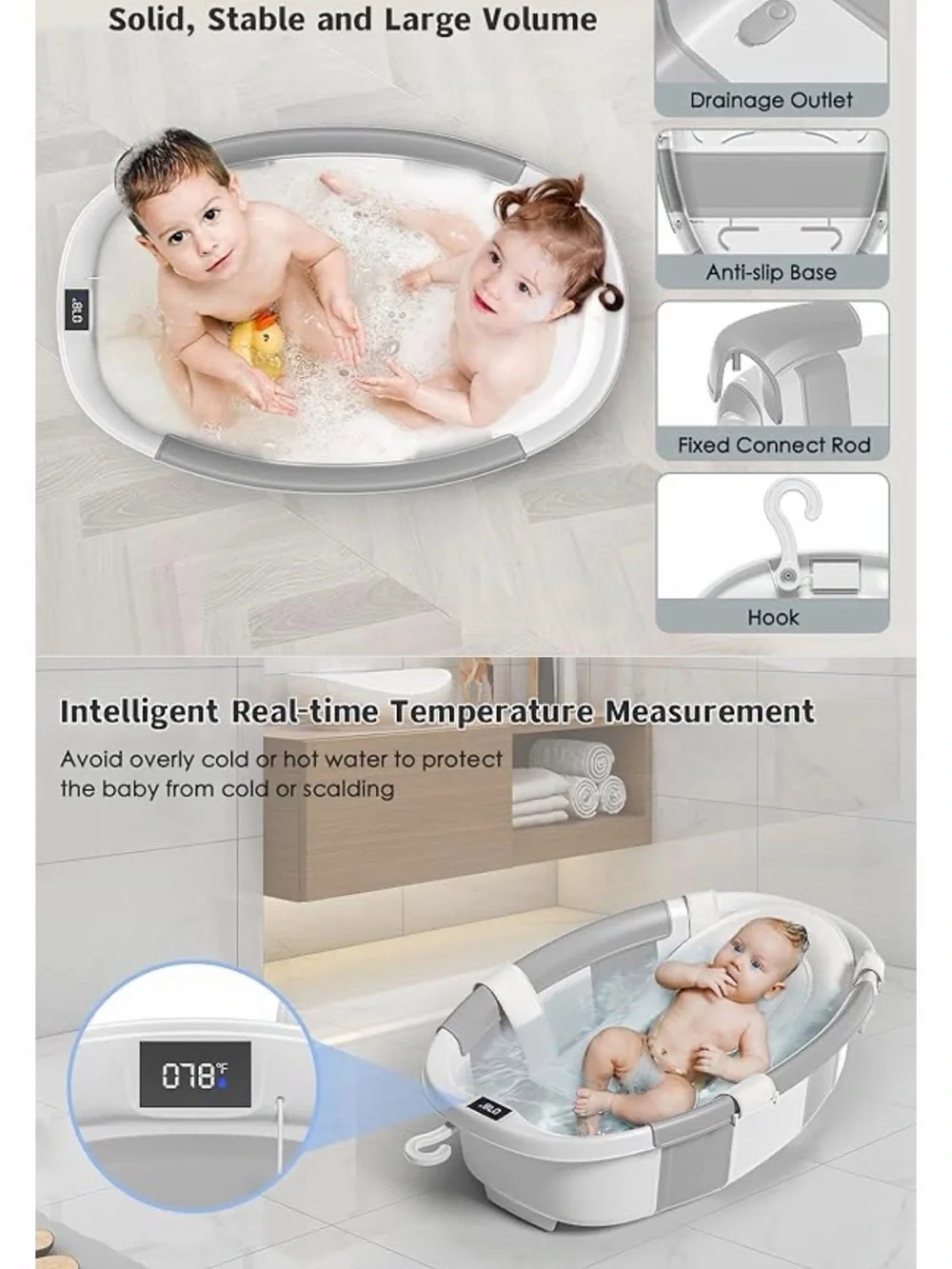 Collapsible Baby👶🏻Bathtub🛁w Cushion Thermometer🌡️& Drain Hole
